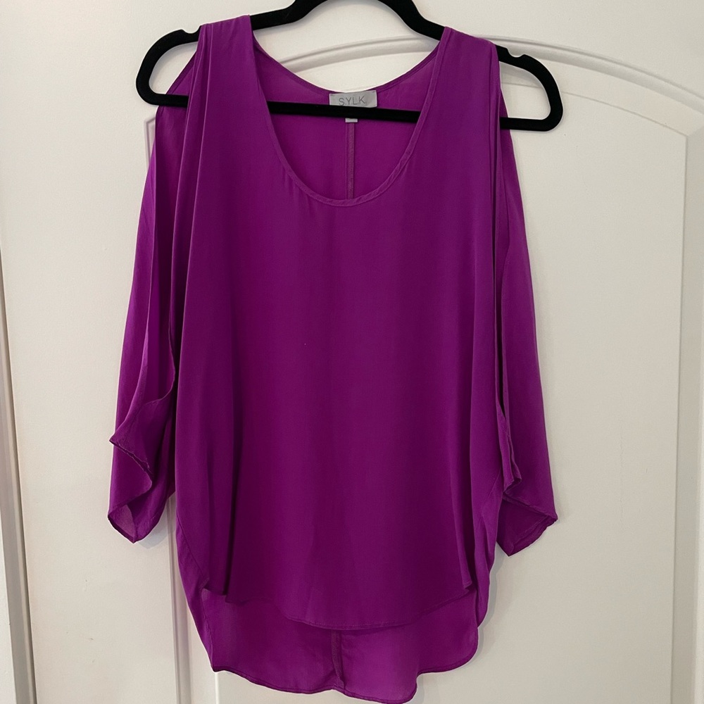 100% Silk Purple Blouse with Winged Sleeves